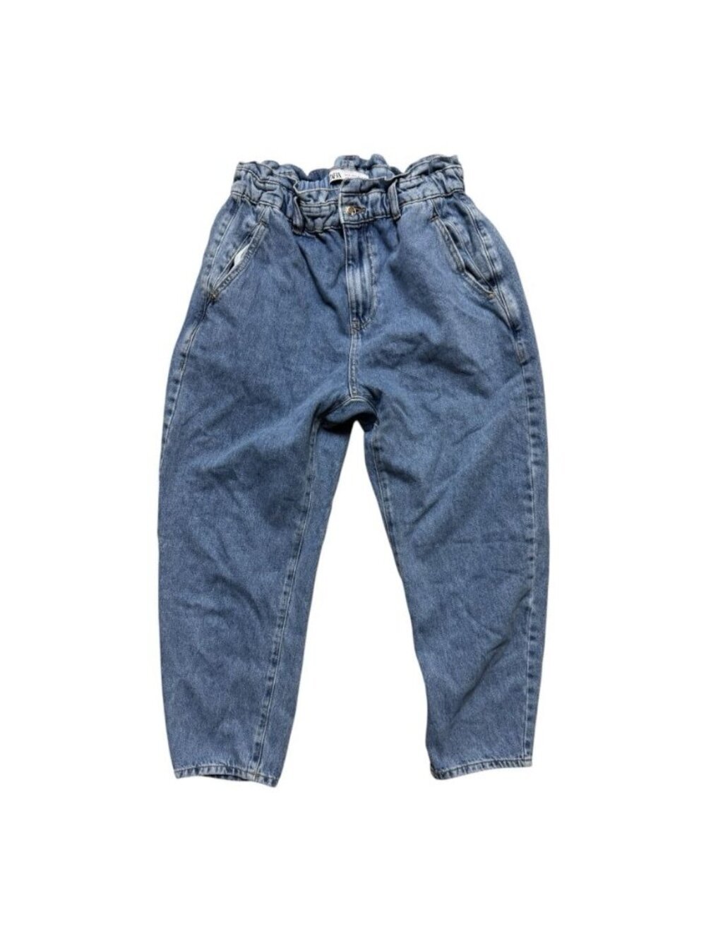 Zara Paperbag Waist Barrel Leg Jeans Women’s US 6 Blue High Rise Denim